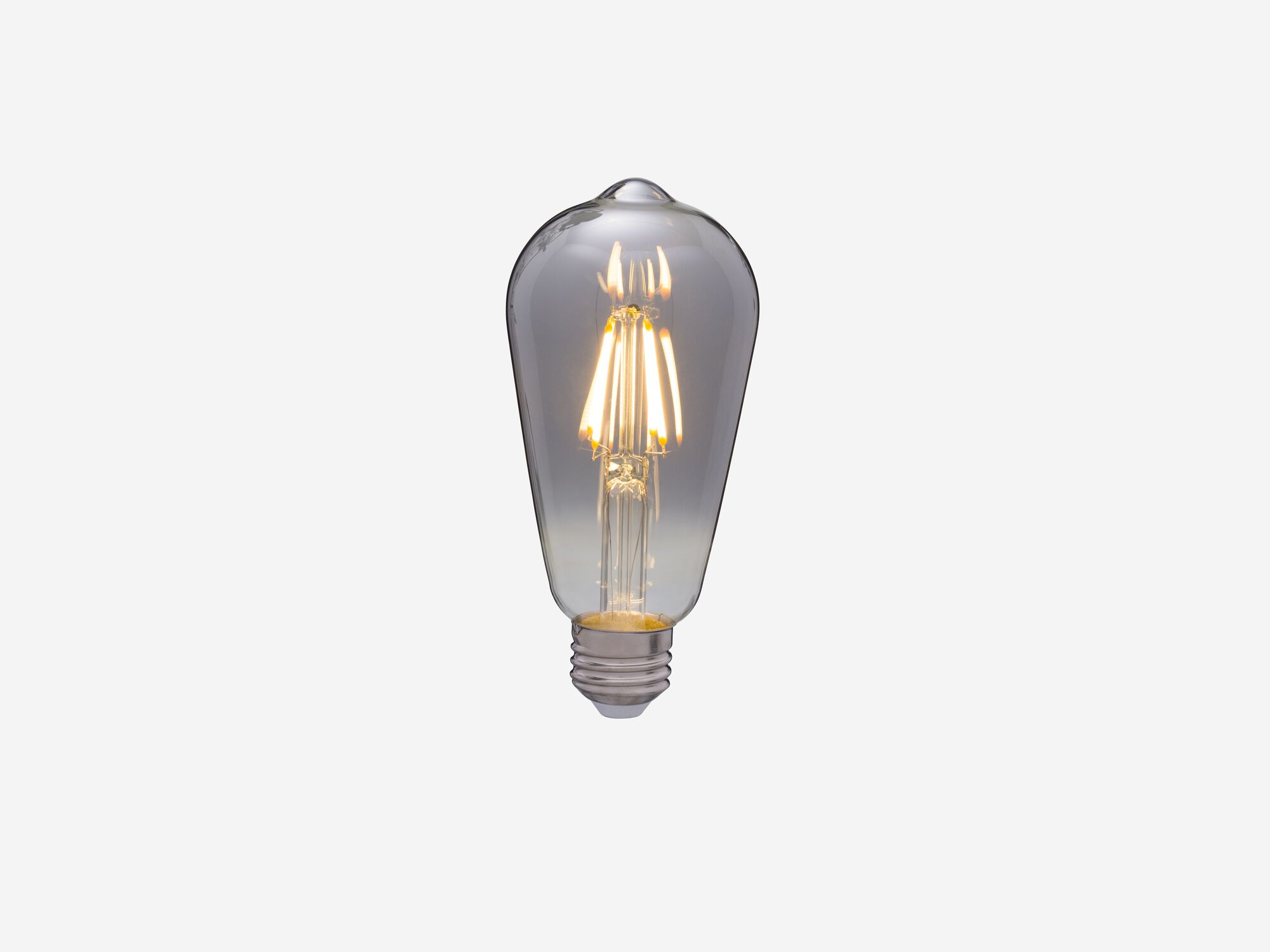 Front view of medium smoked grey lightbulb with light on